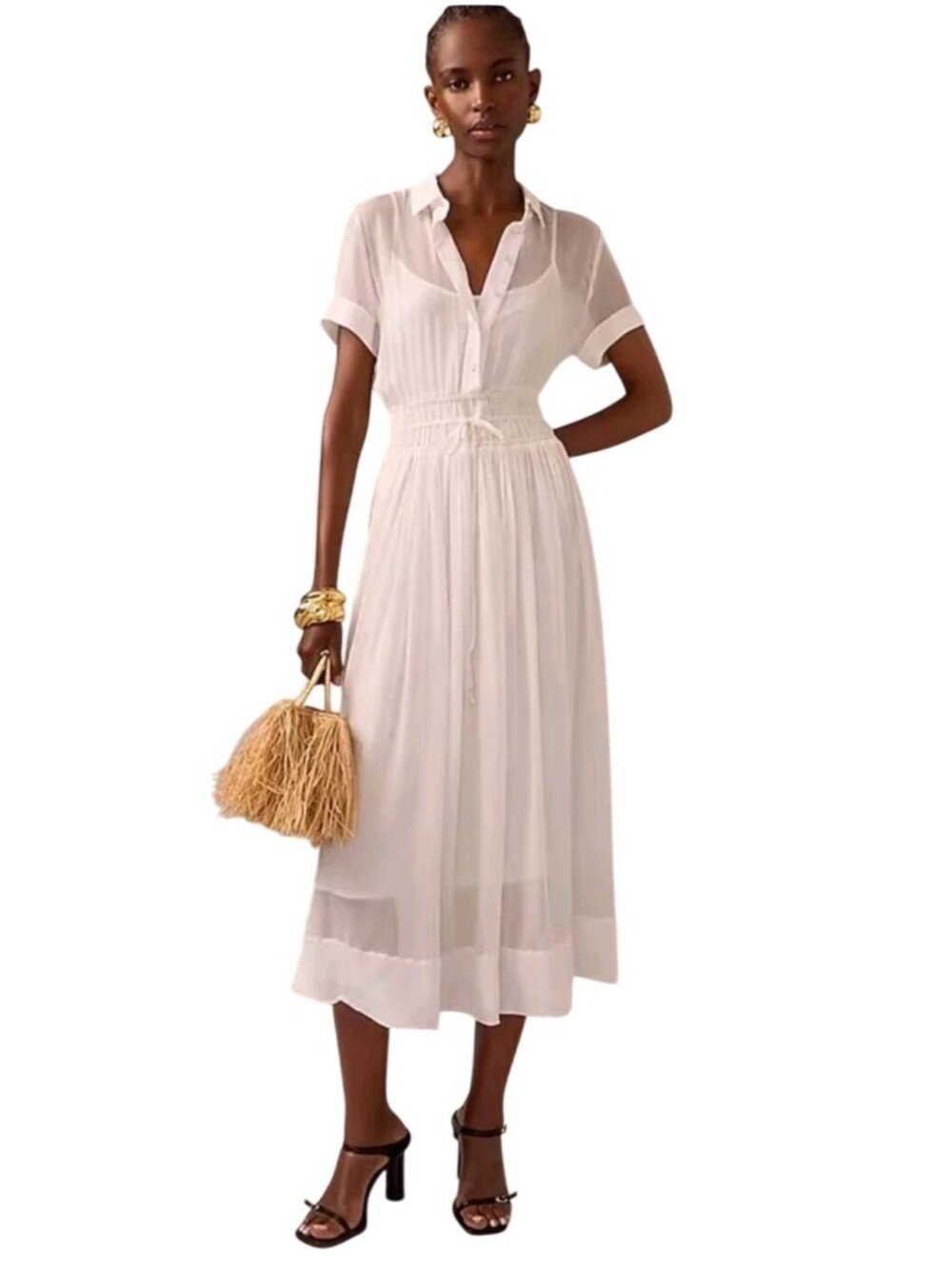 J.Crew Elena Shirt Dress White Chiffon Slip Included Midi 2024 Size 6